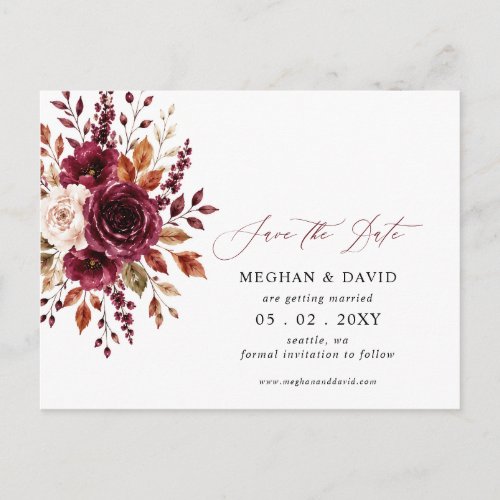 Elegant Burgundy Fall Floral Save the Date Announcement Postcard