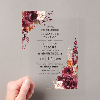 Elegant Burgundy Fall Floral Wedding Acrylic Invitations