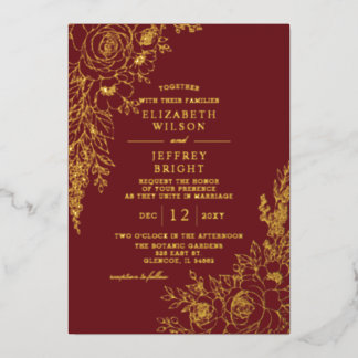 Elegant Burgundy Fall Floral Wedding Foil Invitation
