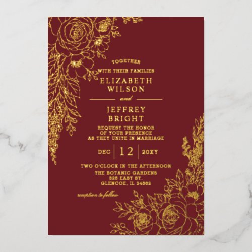 Elegant Burgundy Fall Floral Wedding Foil Invitation