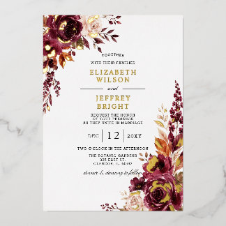 Elegant Burgundy Fall Floral Wedding Foil Invitation