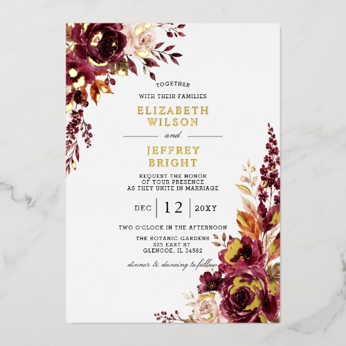 Elegant Burgundy Fall Floral Wedding Foil Invitation