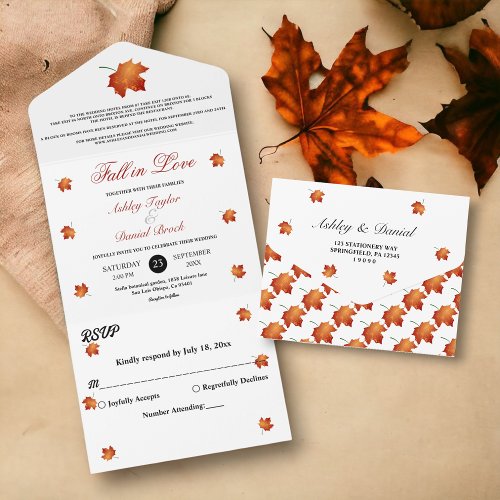 Elegant Burgundy Fall Leaves Autumn Floral Wedding All In One Invitation