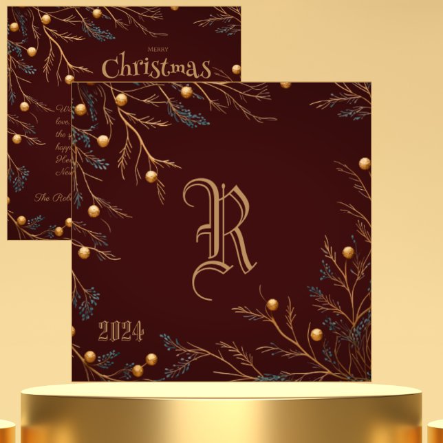 Elegant Burgundy Family Monogram Christmas Card (Creator Uploaded)
