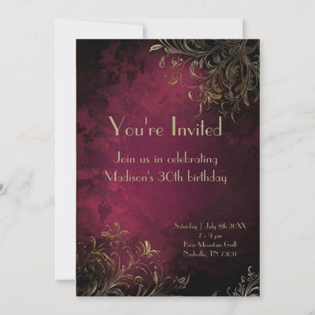 Elegant Burgundy & Faux Gold Invitation (Front)