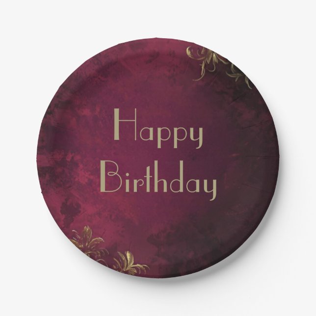 Elegant Burgundy & Faux Gold  Paper Plates (Front)
