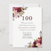 Elegant Burgundy Floral 100th Birthday Invitation (Front)