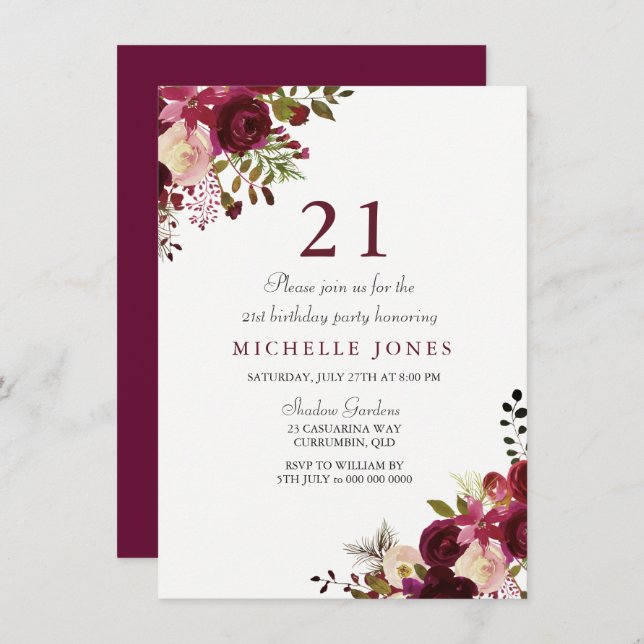 Elegant Burgundy Floral 21st Birthday Invitation (Front/Back)