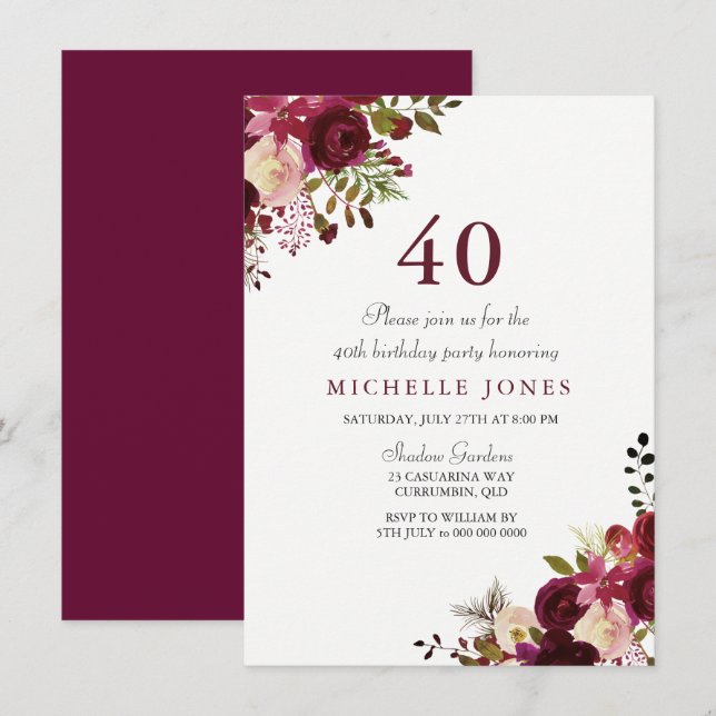Elegant Burgundy Floral 40th Birthday Invitation (Front/Back)