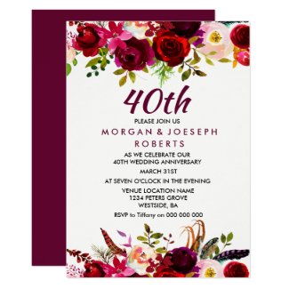Elegant Burgundy Floral 40th Wedding Anniversary Invitation