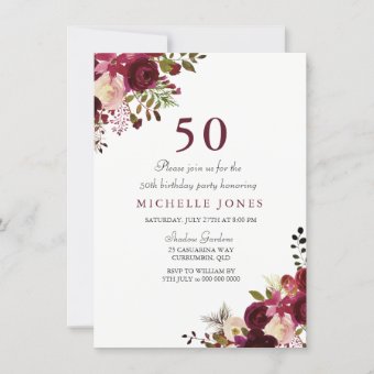 Elegant Burgundy Floral 50th Birthday Invitation | Zazzle