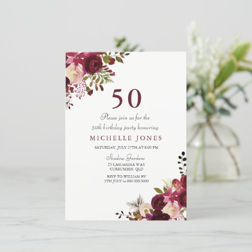 Elegant Burgundy Floral 50th Birthday Invitation | Zazzle