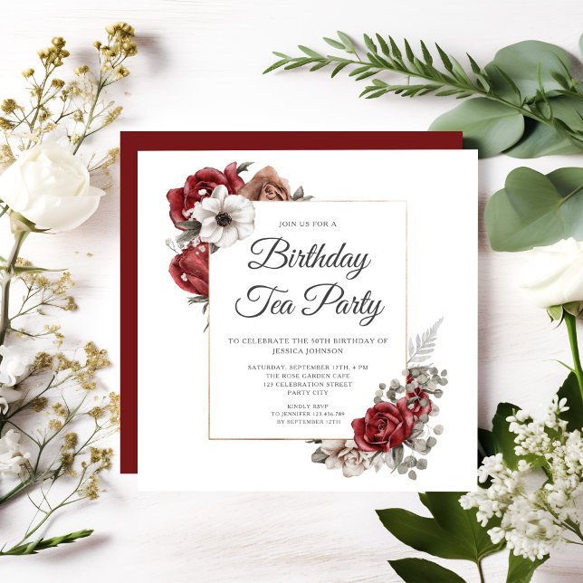 Elegant Burgundy Floral 50th Birthday Tea Party Invitation (Floral Red Rose Gold Birthday Tea Party Invitation)
