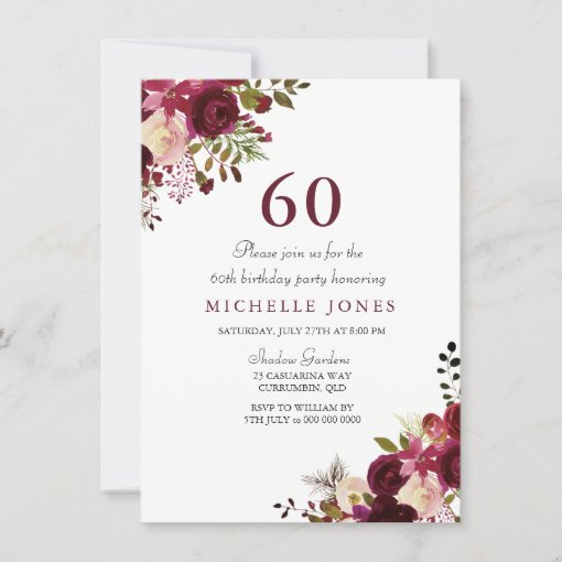 Elegant Burgundy Floral 60th Birthday Invitation 