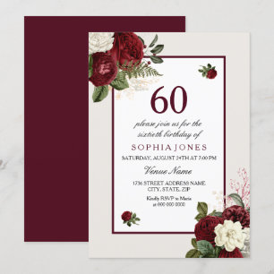 Elegant Burgundy Floral 60th Birthday Party Invitation