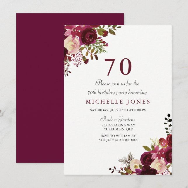 Elegant Burgundy Floral 70th Birthday Invitation (Front/Back)