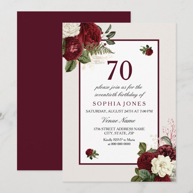 Elegant Burgundy Floral 70th Birthday Party Invitation (Front/Back)