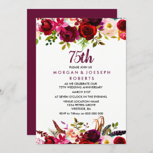 Elegant Burgundy Floral 75th Wedding Anniversary Invitation