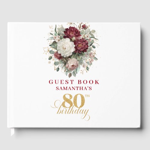 Elegant Burgundy Floral 80th Birthday Guest Book