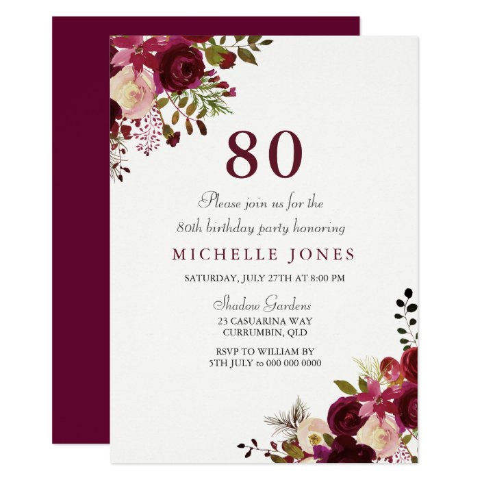 Elegant Burgundy Fl 80th Birthday Invitation Zazzle Elegant Burgundy Fl 80th Birthday