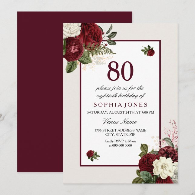 Elegant Burgundy Floral 80th Birthday Party Invitation (Front/Back)
