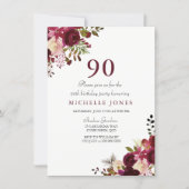 Elegant Burgundy Floral 90th Birthday Invitation (Front)