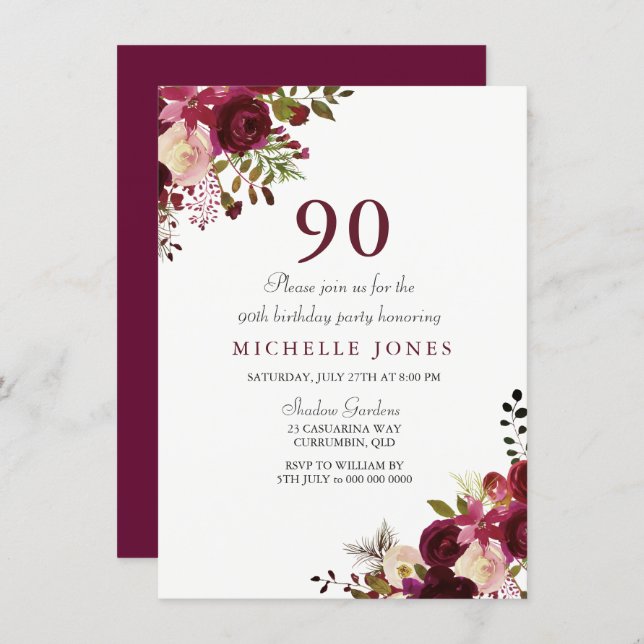 Elegant Burgundy Floral 90th Birthday Invitation (Front/Back)