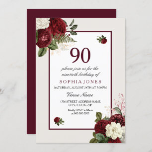 Elegant Burgundy Floral 90th Birthday Party Invitation