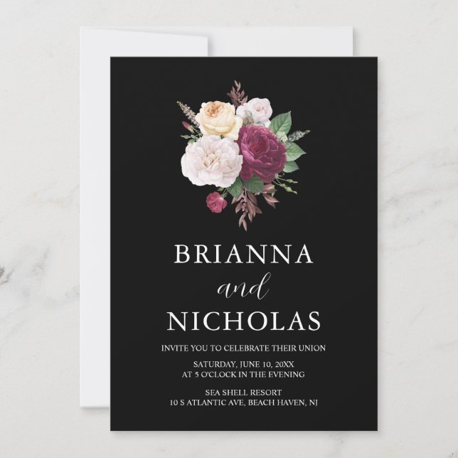 Elegant Burgundy Floral All in One Wedding Invitation (Front)