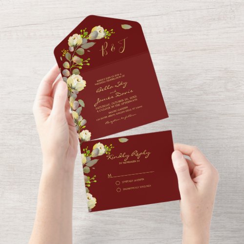 Elegant Burgundy Floral All in One Wedding Invites