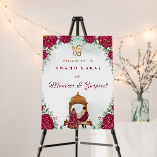Elegant Burgundy Floral Anand Karaj Welcome Sign