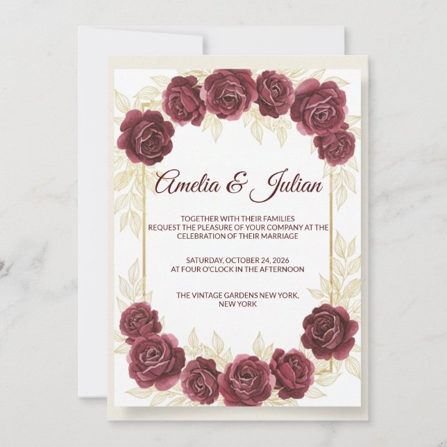 Elegant Burgundy Floral and Gold Wedding Invitatio Invitation (Front)