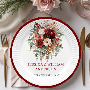 Elegant Burgundy Floral Autumn Wedding Paper Plate