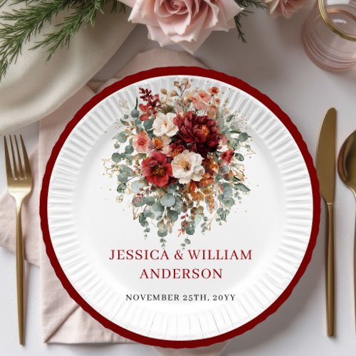 Elegant Burgundy Floral Autumn Wedding Paper Plate