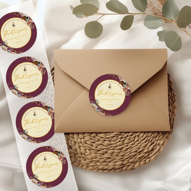 Elegant Burgundy Floral Baby Shower Thank You Classic Round Sticker (Creator Uploaded)