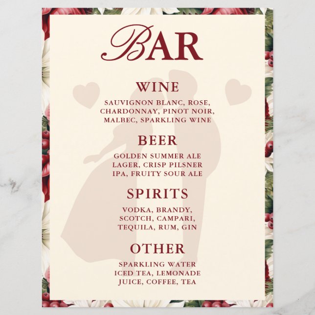 Elegant Burgundy Floral Bar Menu Wedding Tabletop (Front)