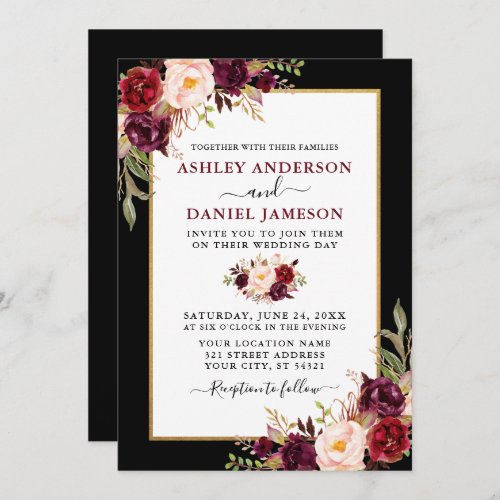 Elegant Burgundy Floral Black Gold Frame Wedding Invitation