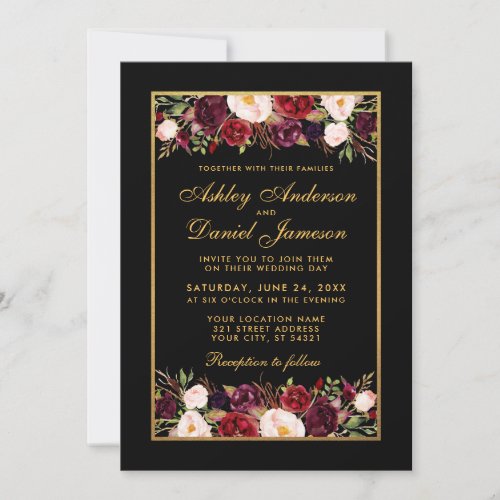 Elegant Burgundy Floral Black Gold Frame Wedding Invitation
