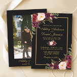 Elegant Burgundy Floral Black Gold Photo Wedding Invitation<br><div class="desc">Elegant Watercolor Burgundy Floral Black and Gold Wedding Invitation Card - Photo Back</div>