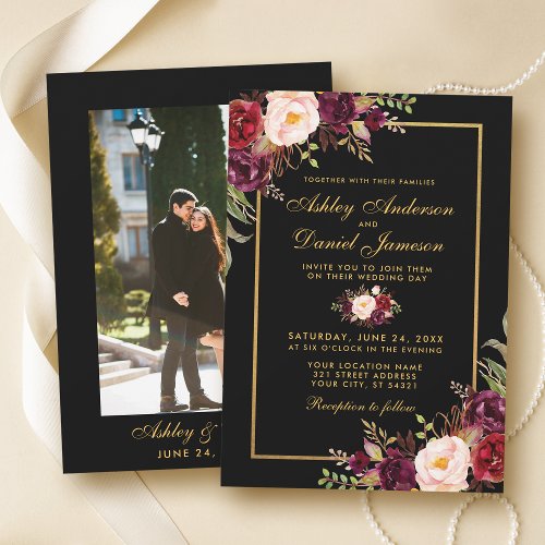 Elegant Burgundy Floral Black Gold Photo Wedding Invitation