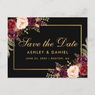 Elegant Burgundy Floral Black Gold Save The Date Announcement Postcard