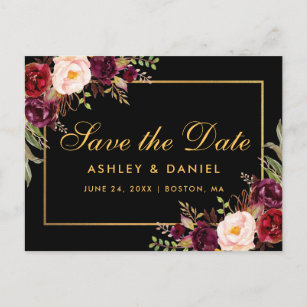 Elegant Burgundy Floral Black Gold Save The Date Announcement Postcard