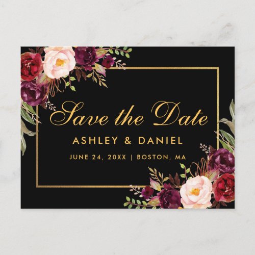 Elegant Burgundy Floral Black Gold Save The Date Announcement Postcard