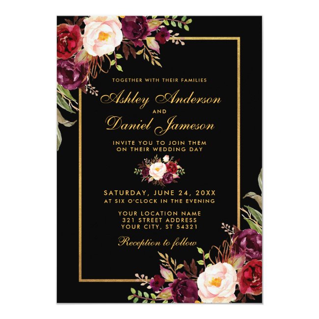 Elegant Burgundy Floral Black Gold Wedding Invitation