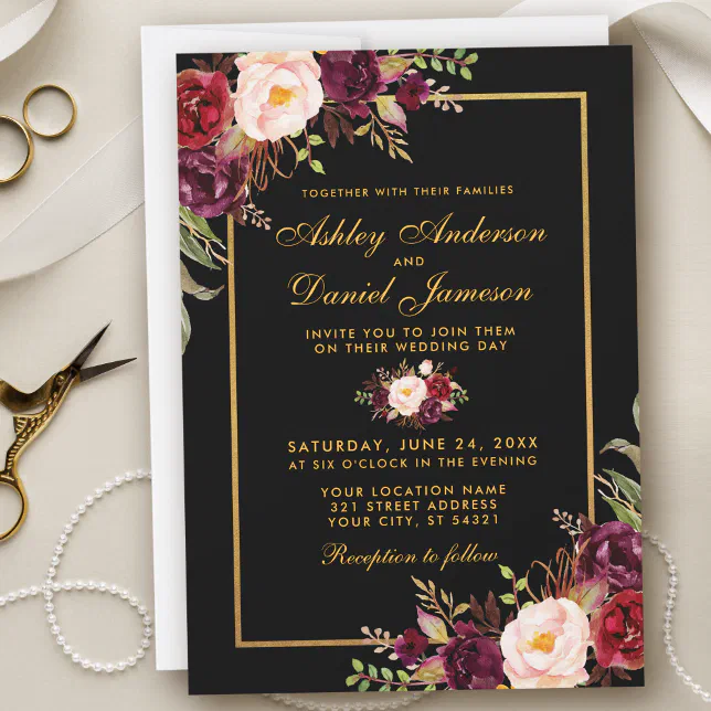 Elegant Burgundy Floral Black Gold Wedding Invitation Zazzle