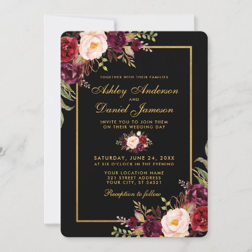 Elegant Burgundy Floral Black Gold Wedding R Invitation
