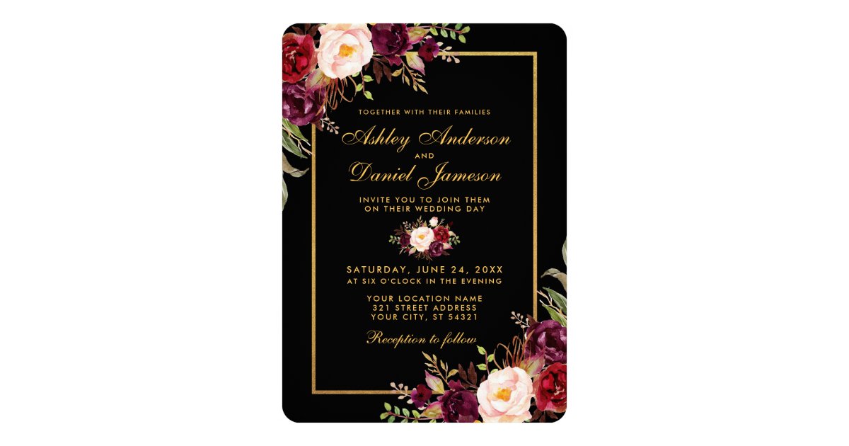Elegant Burgundy Floral Black Gold Wedding R Invitation | Zazzle.com