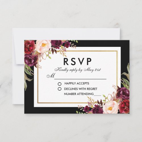 Elegant Burgundy Floral Black Gold Wedding RSVP