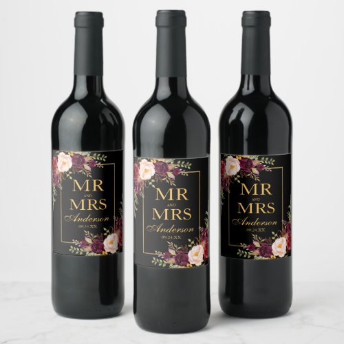 Elegant Burgundy Floral Black Gold Wine Label