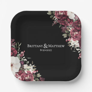 Elegant Burgundy Floral Black Wedding Paper Plates